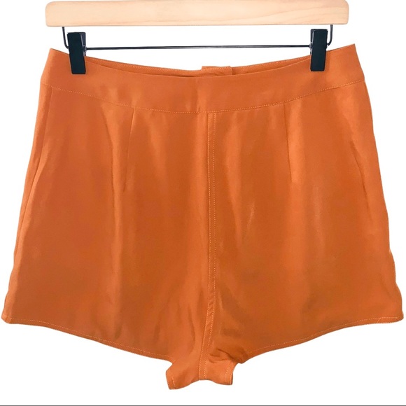 Tularosa Tate Shorts in Rust Burnt Orange High Waist Button Front Silky Shorts - Picture 3 of 15